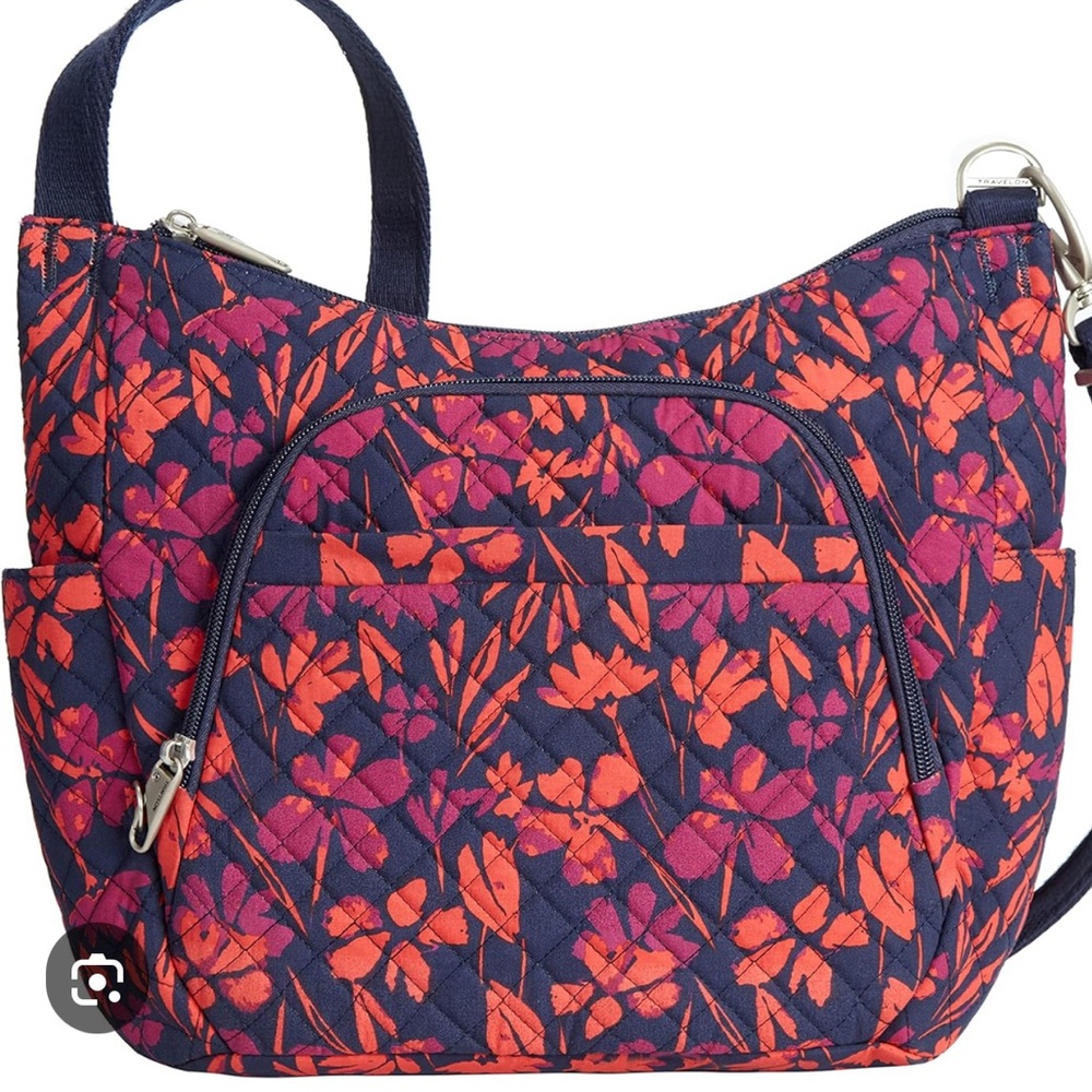 Travelon Navy Quilted Crossbody with Red & Purple Floral Print